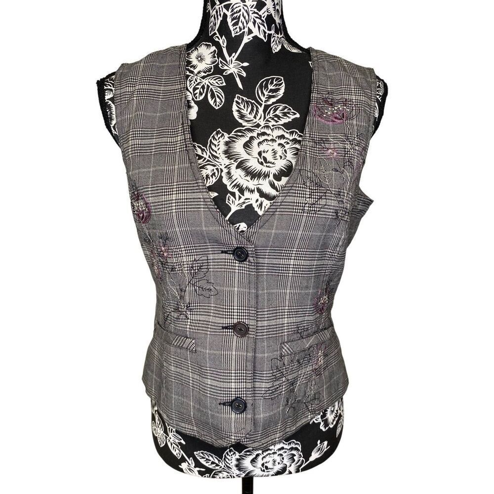 Erin London Plaid Embroidered Vest Womens 8 Career Office Academia Top Workwear